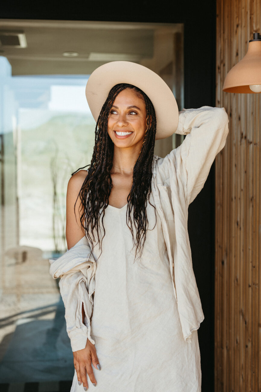 Woman wearing linen dress.